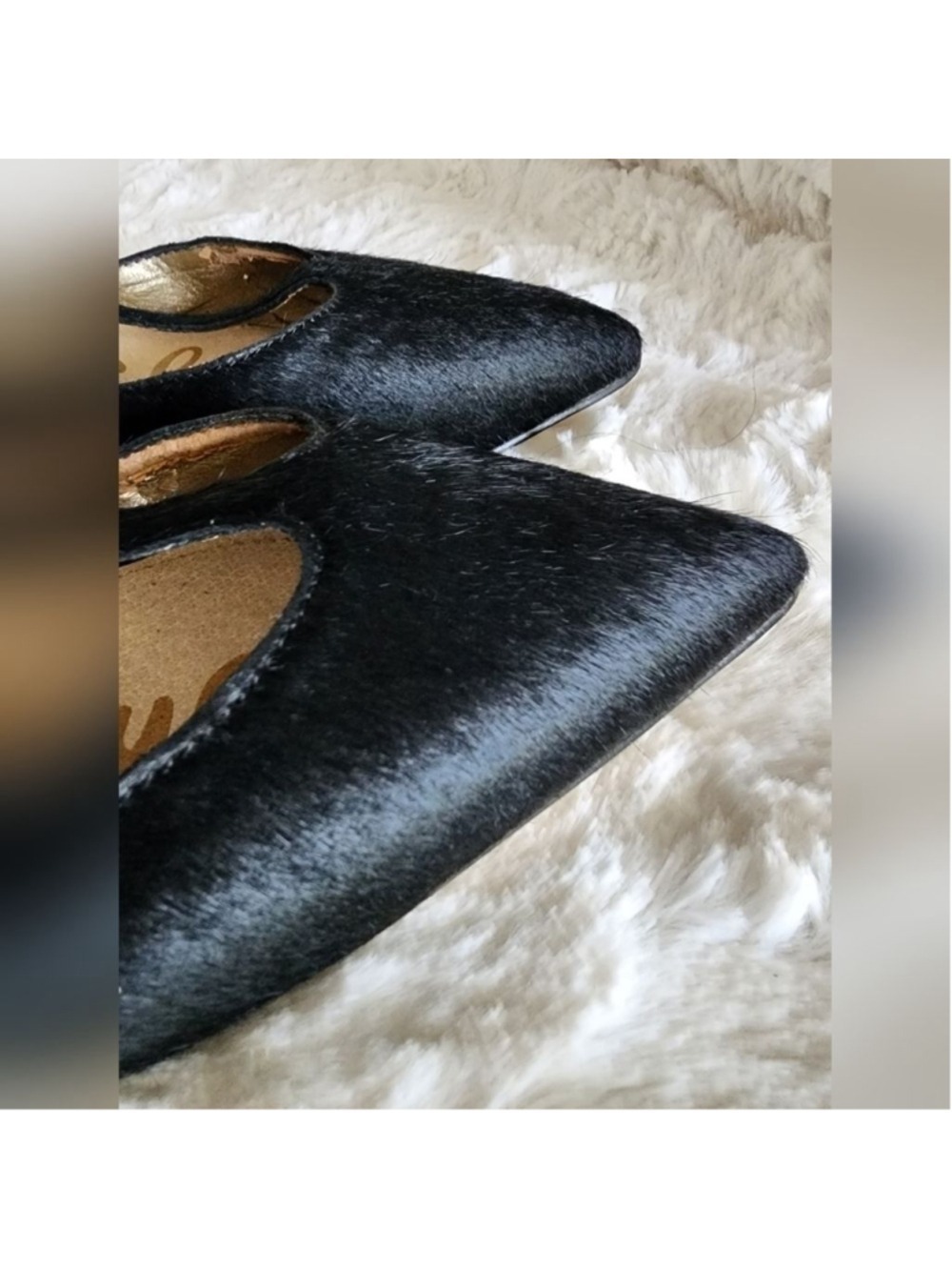 Sam Edelman Black and Gold Calf Hair Tstrap Heels Sz 5 - Picture 2 of 15